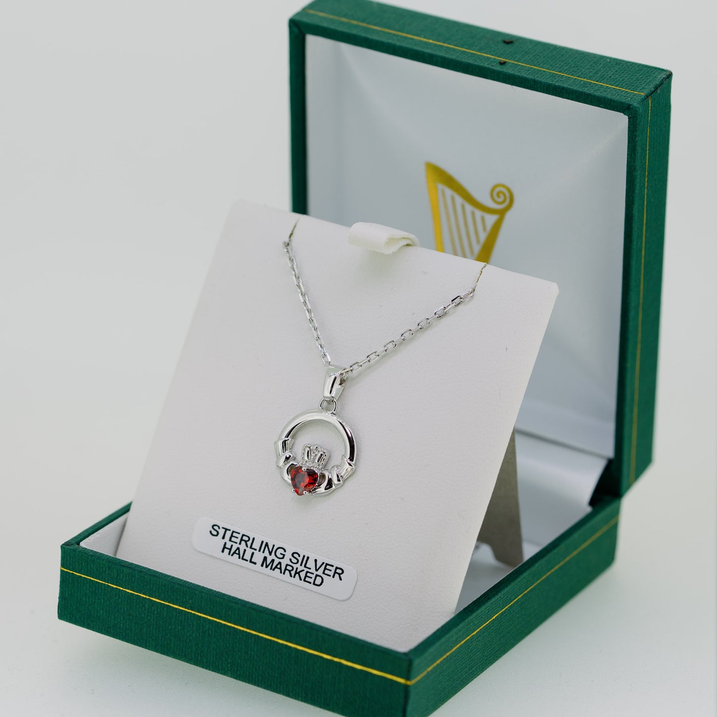 Silver Claddagh Necklace with Garnet — authentic Irish Claddagh necklace handcrafted in Galway, Ireland