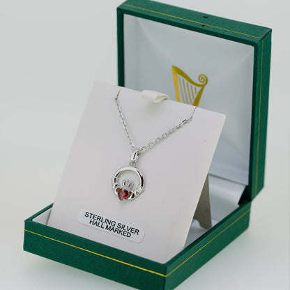 Silver Claddagh Necklace with Garnet