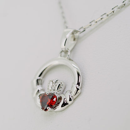 Silver Claddagh Necklace with Garnet