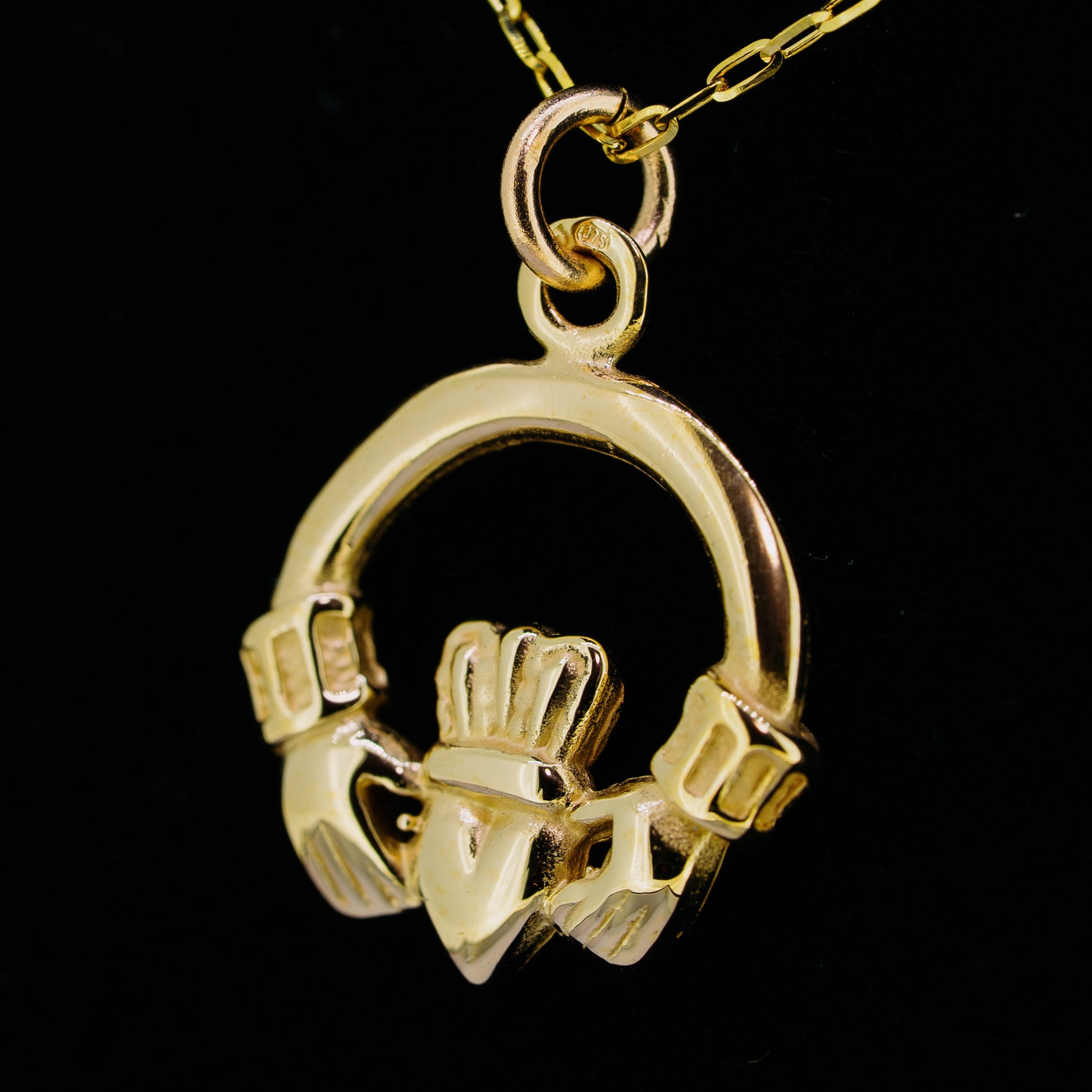 9ct Yellow Gold Double Sided Claddagh Necklace — authentic Irish Claddagh necklace handcrafted in Galway, Ireland