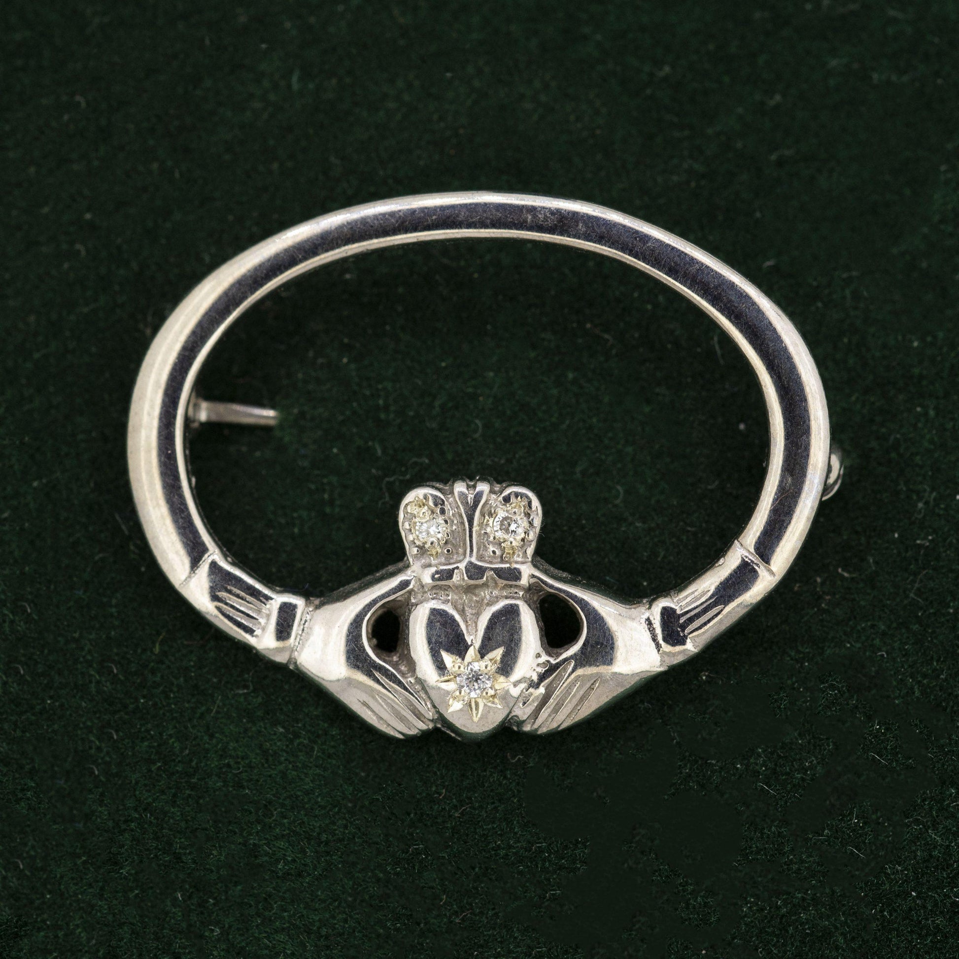 9ct White Gold Claddagh Broach with Diamonds — authentic Irish Claddagh brooch handcrafted in Galway, Ireland