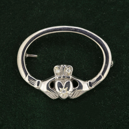 9ct White Gold Claddagh Broach with Diamonds — authentic Irish Claddagh brooch handcrafted in Galway, Ireland