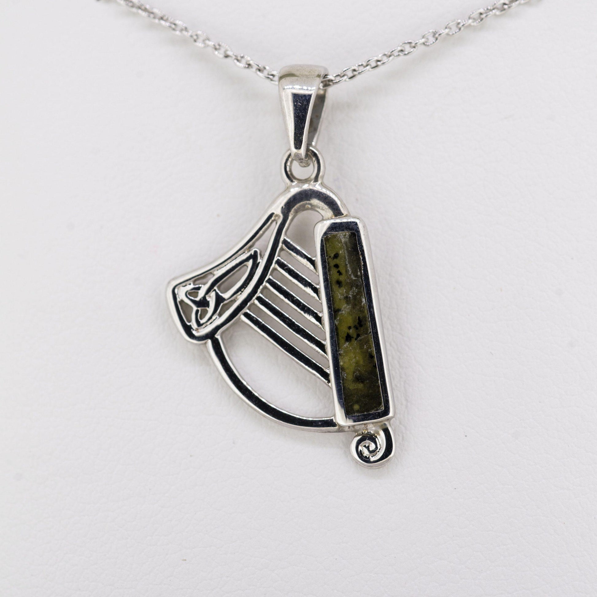 Silver Harp Necklace with Connemara Marble — authentic Irish necklace handcrafted in Galway, Ireland