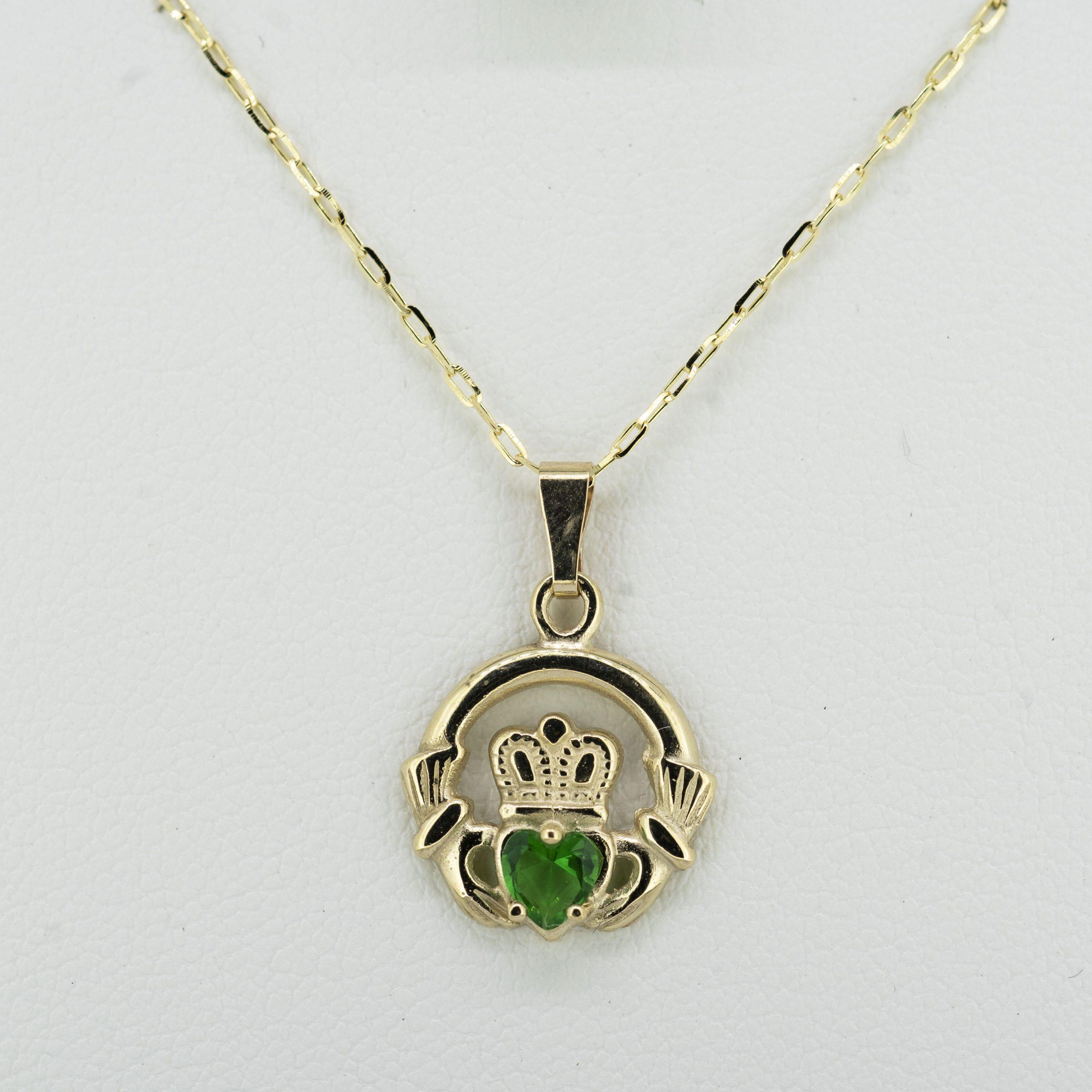 9ct Gold Green Agate Set Claddagh Necklace